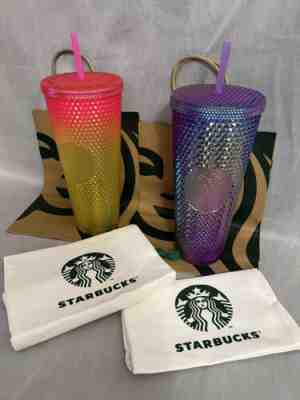 Starbucks Summer 2022 Purple Oil Slick & Yellow Pink Bling Studded Tumbler Set - Sold on eBay May 28, 2022 for $119.95