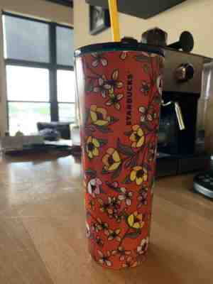 Starbucks 24 Oz Red Yellow Poppy Stainless Steel Tumbler Flower Floral 2018 RARE