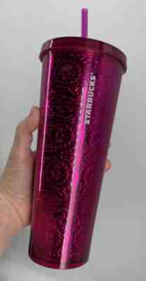 Starbucks 2017 Pink Magenta Floral Embossed Tin Foil Metallic 24oz Venti Tumbler - Sold on eBay Jul 07, 2022 for $95.00