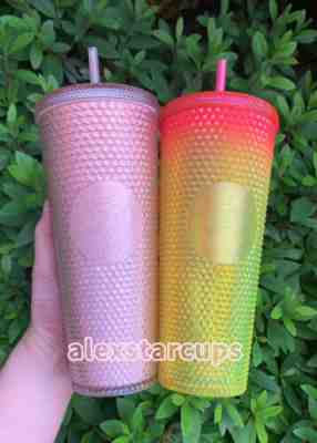 New Starbucks 2022 China Pink Sakura And Sunset Yellow 24oz Studded Cup Tumbler - Sold on eBay Aug 19, 2022 for $89.99