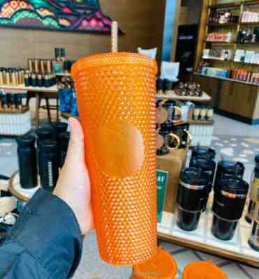 Starbucks 2022 Orange Straw Cup Studded Diamond Dazzling Plastic Tumbler 24oz - Sold on eBay Aug 16, 2022 for $83.87