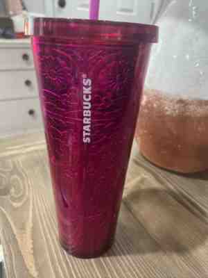 Starbucks 2017 Pink Magenta Floral Embossed Tin Foil Metallic 24oz Venti Tumbler - Sold on eBay Aug 14, 2022 for $75.00