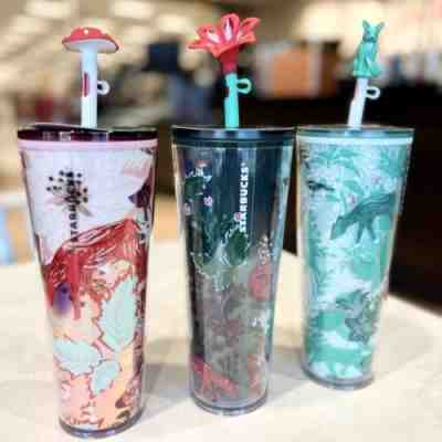 New Starbucks 2022 Enchanted Forest Mushroom Straw Topper Cold Cup Tumbler