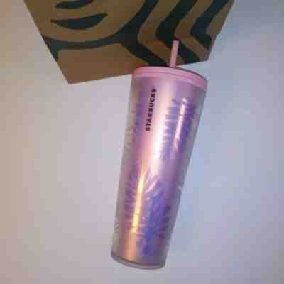 RARE Starbucks Holographic Iridescent Palm Leaf Pine Cone PINK Tumbler 24oz - Sold on eBay Nov 13, 2022 for $125.00