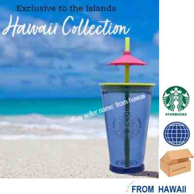 16oz Blue Glass Tumbler Straw Pink Umbrella HAWAII COLLECTION Starbucks 2020 Cup