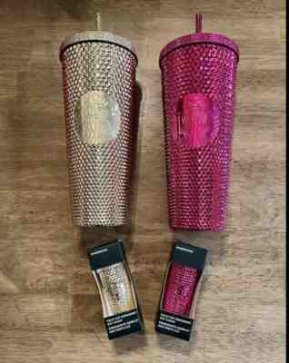 Starbucks 2022 Christmas Gold & Sangria Venti Studded Tumblers w Key Chains ð??? - Sold on eBay Dec 02, 2022 for $124.99