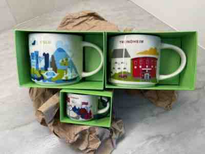 Starbucks You Are Here Norway Oslo Trondheim YAH NIB Christmas Gift Mug Set