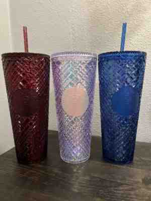 Starbucks 2022 Christmas Holiday Red, Clear, Blue Jeweled 24 oz Tumbler Set NEW - Sold on eBay Dec 20, 2022 for $120.00