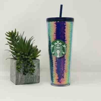 Starbucks Tumbler Irridescent Sequins Ombre Cold Cup Straw Purple Green Mermaid - Sold on eBay Oct 17, 2022 for $112.19