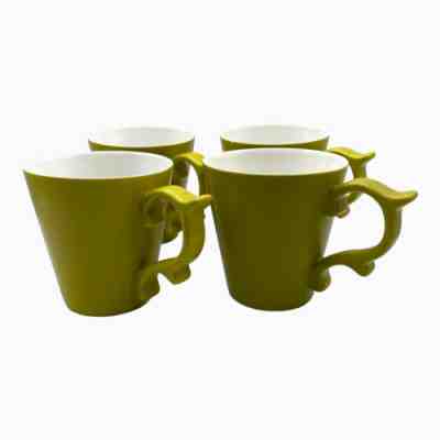 Starbucks Coffee Tazo Tea Chartreuse Green Mug Cup Rococo Scroll Handle Set Of 4