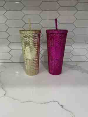 Starbucks Christmas 2022 Gold and Pink Bling Venti Studded Tumbler 24oz Cold Cup - Sold on eBay Nov 13, 2022 for $100.00