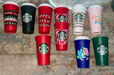 Lot of 10 Starbucks Plastic Coffee Cups Various Re-Useable 12 Oz (8 Lids) - Sold on eBay Feb 11, 2023 for $8.00