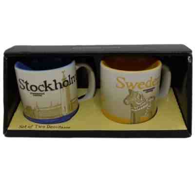 Starbucks Stockholm Sweden Icon 3oz Demitasse Mug Set Dalecarlian Dala Horse NIB