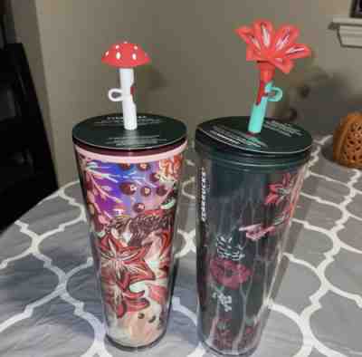 NEW Starbucks 2022 Holiday Mushroom & Flower Straw Topper Tumbler 24oz Cup Set - Sold on eBay Dec 7, 2022 for $74.50