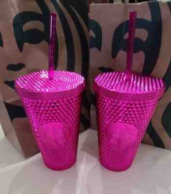 Rare -LOT of 2 Starbucks Christmas Hot Pink Bling Studded 16 Oz. Tumbler NEW !! - Sold on eBay Dec 12, 2022 for $80.00