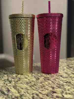 Starbucks Christmas Holiday 2022 Gold & Pink Bling Studded Venti 24 oz Tumbler - Sold on eBay Jan 14, 2023 for $80.00