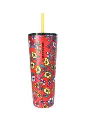 Starbucks Stainless Steel Red Yellow Poppy Flower Floral Tumbler EUC RARE