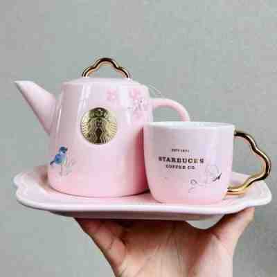 Starbucks 2022 China Sakura & Bird Pink 20oz Mug Teapot & 5oz Mug Cup & Coaster - Sold on eBay Feb 8, 2023 for $83.99