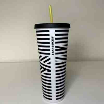 STARBUCKS RARE BLACK AND WHITE ZEBRA STRIPED 24 OZ TUMBLER WITH ORIGINAL STRAW - Sold on eBay Feb 11, 2023 for $99.95