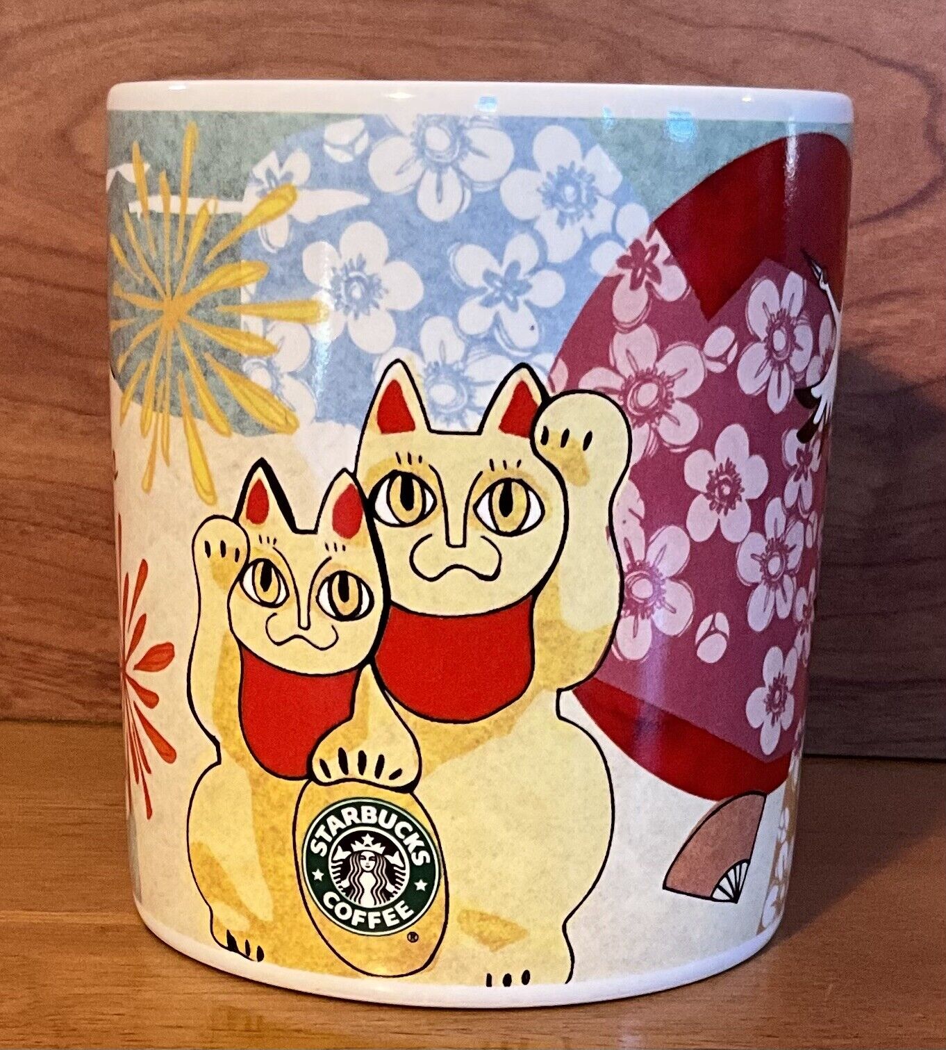 Starbucks Japan Rare 2002 Lucky Waiving Cat Maneki Neko Fuji Mountain Crane Mug