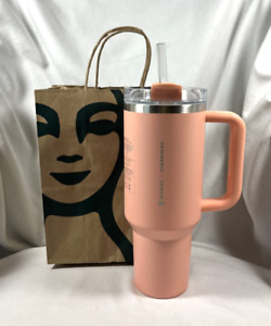 NEW 2023 STARBUCKS STANLEY PINK/PEACH 40 OZ CUP WITH LID AND STRAW IN HAND - Sold on eBay August 26th, 2023 for $175.00