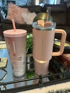 Starbucks 2021Valentine's Day Pink Hearts and Lips Soft Touch Matte Tumbler  24oz