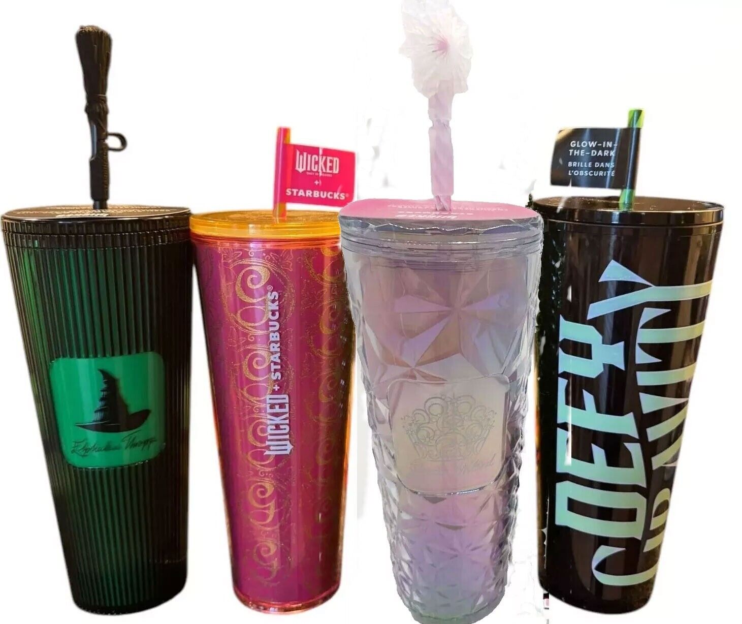 4 Set Starbucks Wicked Topper Tumbler 2x Glinda & Elphaba Glow in the Dark Cups - Sold on eBay December 16th, 2024 for $188.99