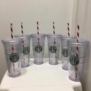 NEW 6 Starbucks 2009 Clear Tumblers 20 oz Venti Holiday Cups Candy Cane Straw