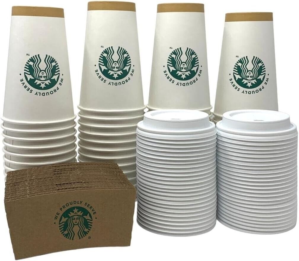 50X STARBUCKS 16 oz Disposable Paper Grande Logo Hot Drink Cup With Lids Sleeves - Sold on eBay March 27th, 2025 for $59.90