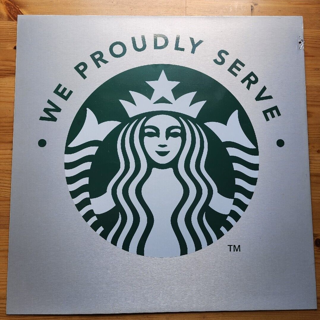 Starbucks Metal Sign We Proudly Serve 18” X 18” Double Sided Used with Scuffs - Sold on eBay March 30th, 2025 for $99.00