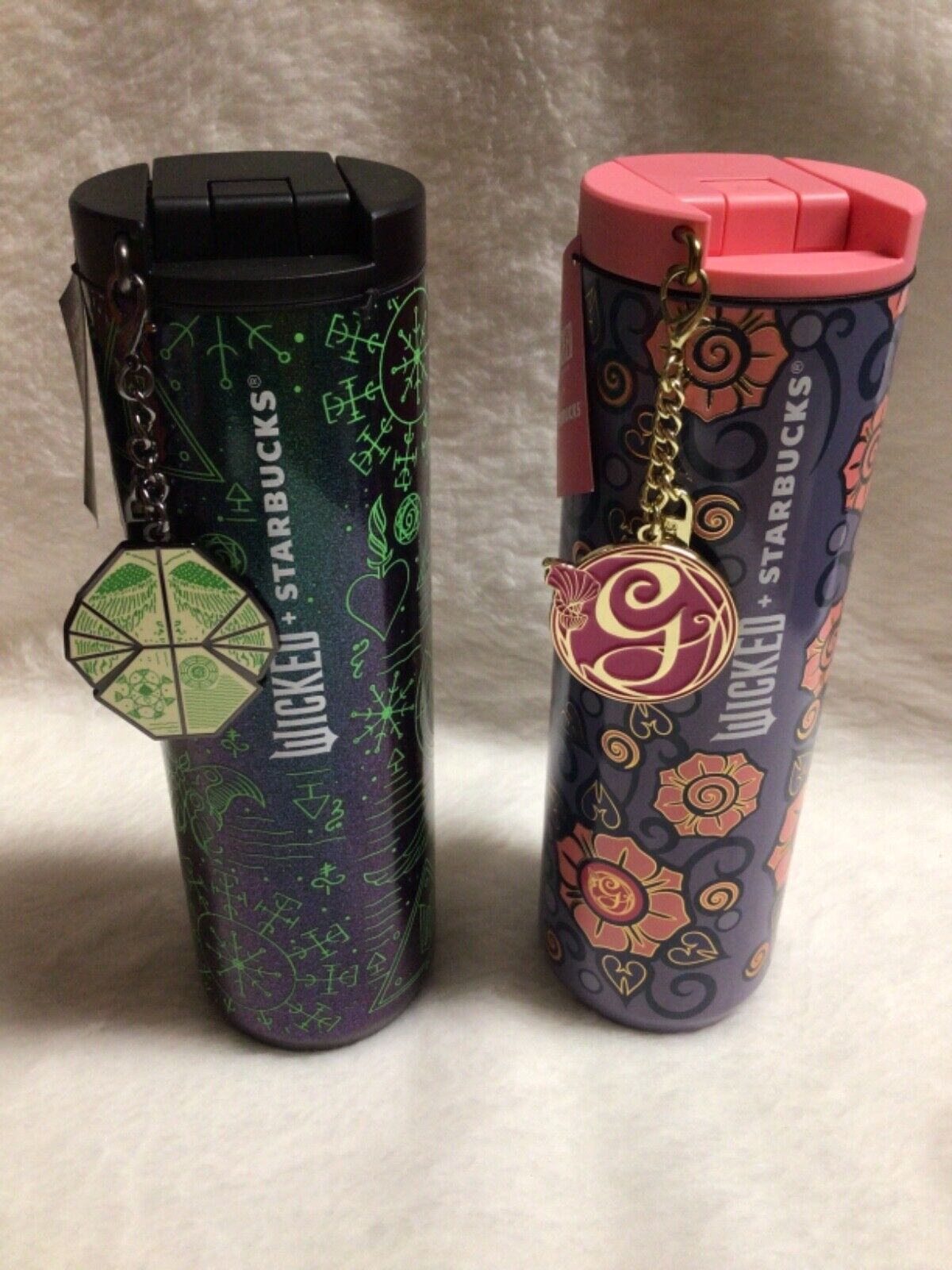 PAIR STARBUCKS WICKED VACUUM INSULATED TUMBLER 16 oz GLINDA & ELPHABA w/ CHARMS - Sold on eBay November 25th, 2024 for $119.99