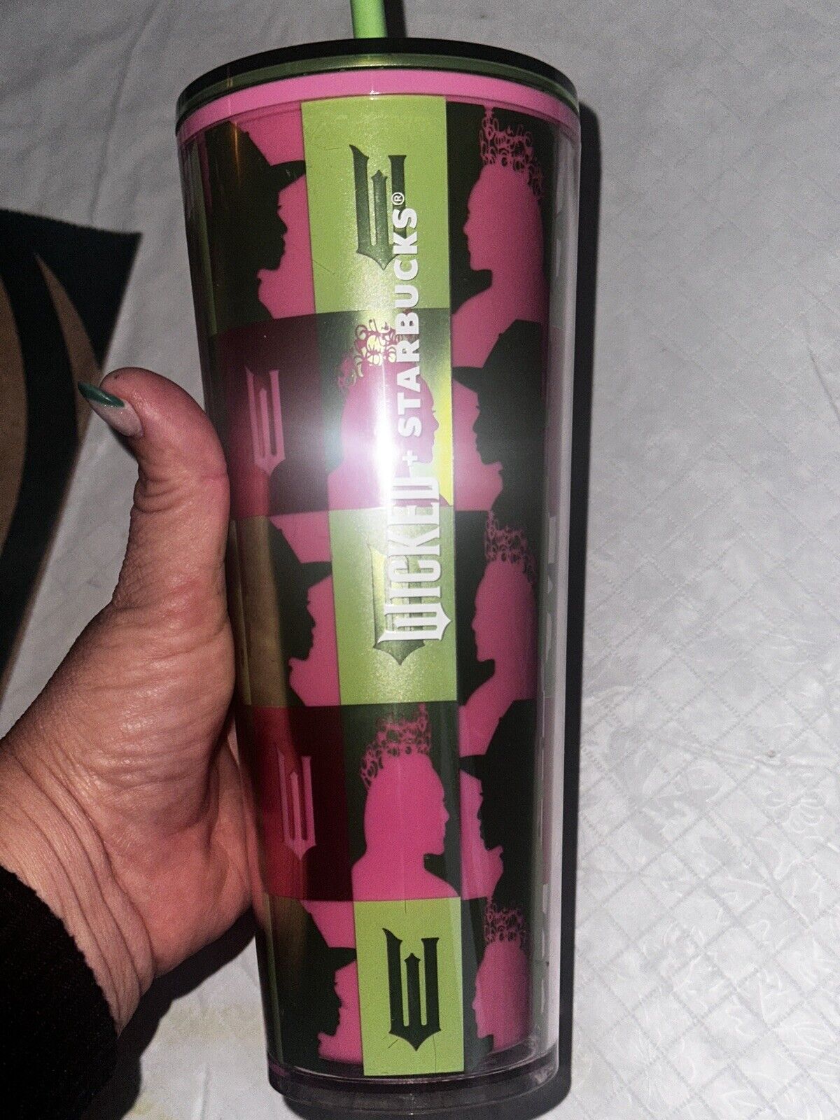 STARBUCKS WICKED PINK & GREEN CHECKERED COLD  CUP 24 OZ GLINDA & ELPHABA - Sold on eBay January 13th, 2025 for $78.40