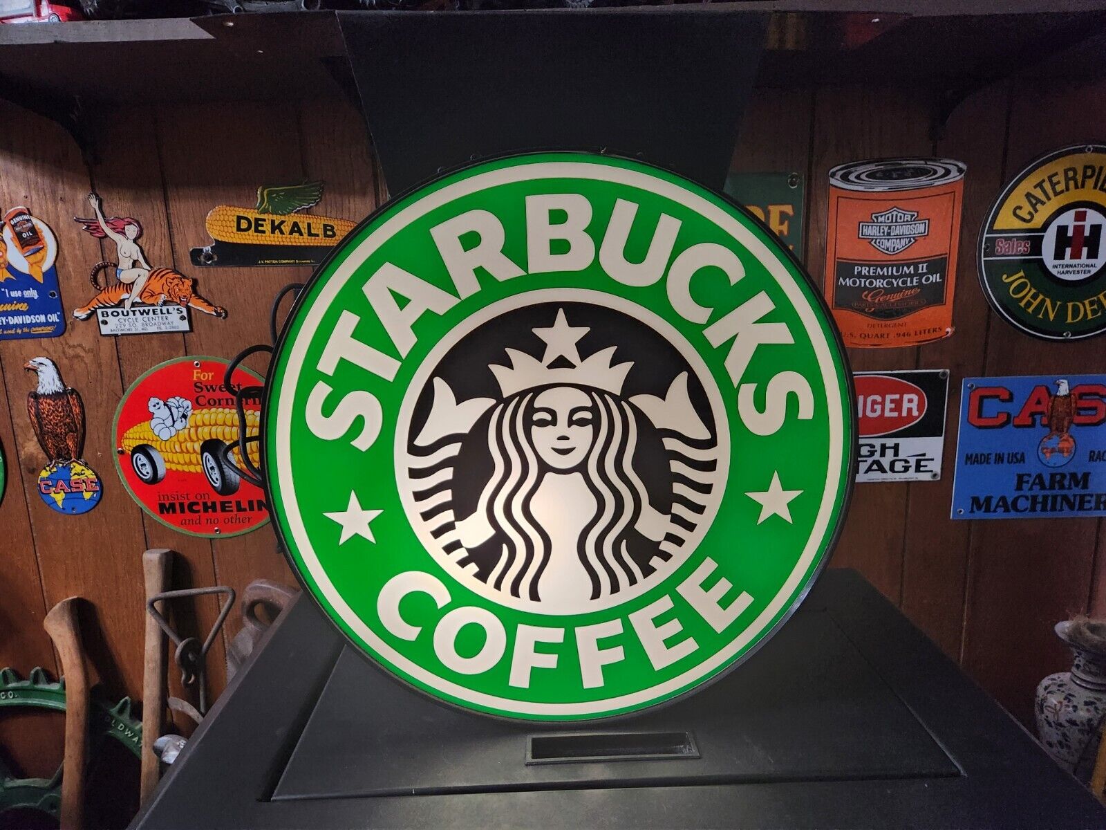 VINTAGE ORIGINAL GROCERS STARBUCKS COFFEE Large Round Lighted Flanged Sign