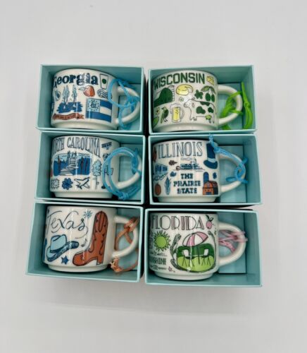 6 STARBUCKS BEEN THERE 2-OZ MINI MUG ORNAMENTS  GA, WI, NC, IL, TX, FL New - Sold on eBay June 9th, 2024 for $125.00