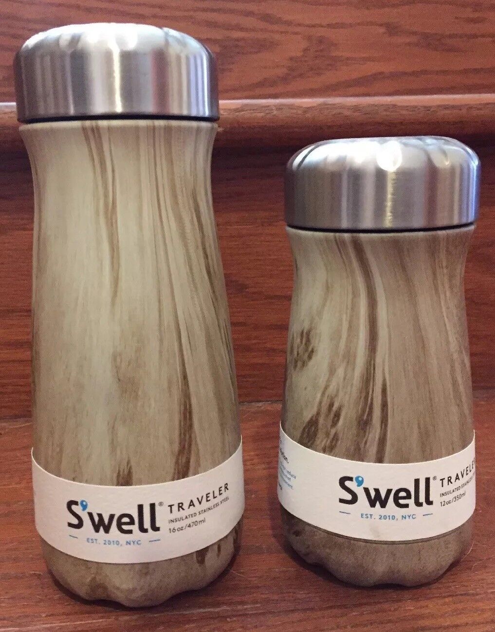 DUEL (2) STARBUCKS S'WELL WOOD GRAIN STAINLESS STEEL WATER BOTTLES  12 & 16OZ - Sold on eBay March 8th, 2025 for $69.95