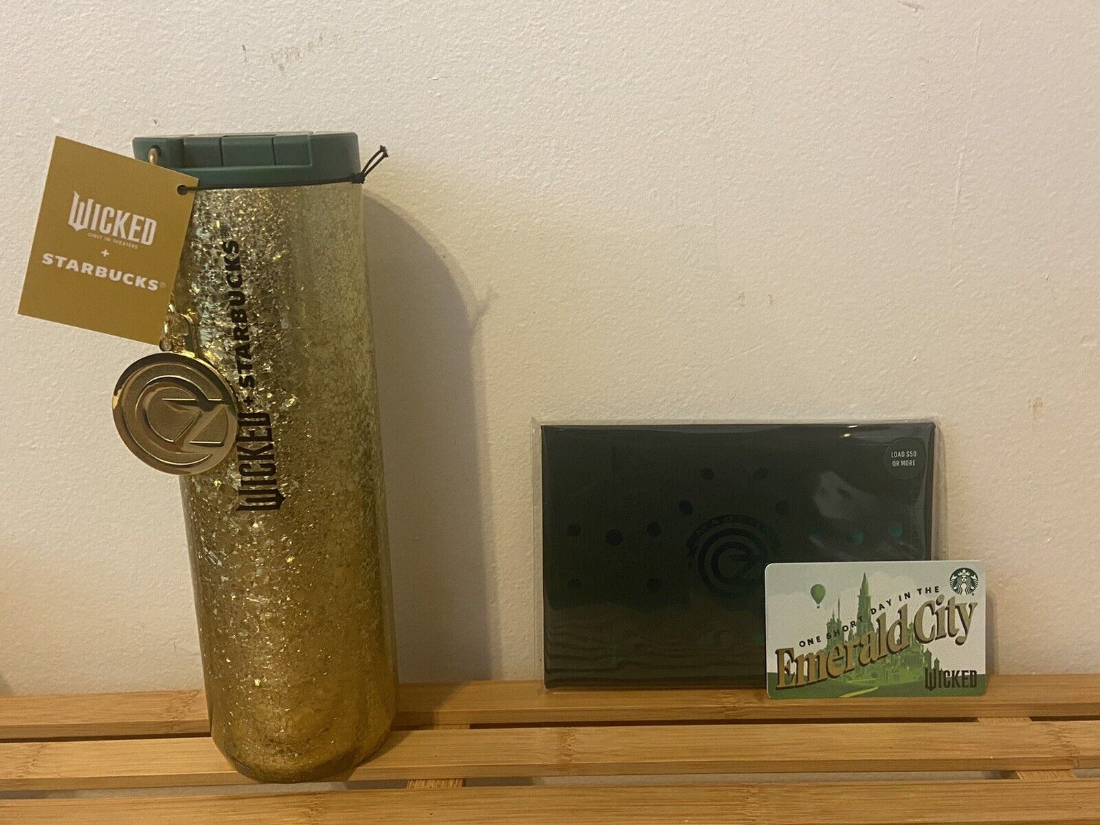 Starbucks  WICKED  Gold Gift Card 2024 Loaded $50 + Gold Crackle Cup w Oz Charm - Sold on eBay November 20th, 2024 for $119.99