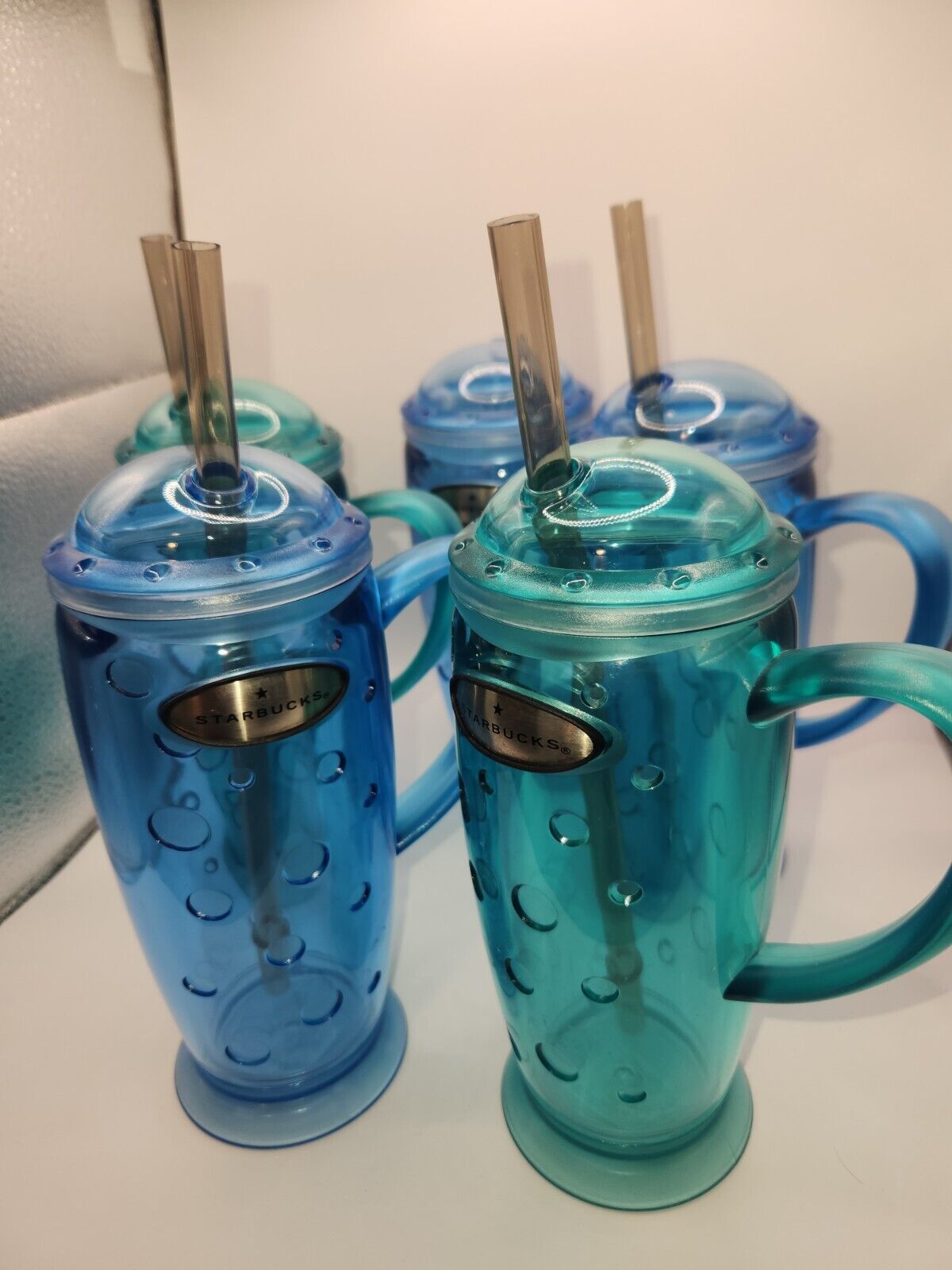5 Vintage '03 Starbucks Green & Blue Polka Dot Rocket 16oz Tumbler Travel Mugs - Sold on eBay February 16th, 2025 for $84.15