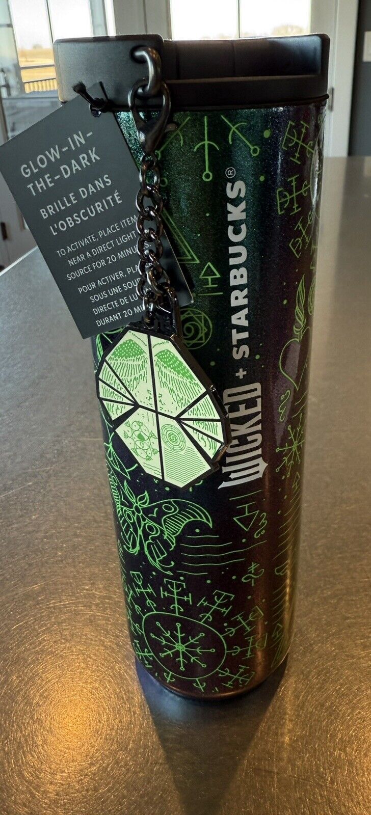 WICKED x STARBUCKS Glow In The Dark 16oz TUMBLER Elphaba Grimoire CHARM & LID - Sold on eBay January 15th, 2025 for $80.00 (24 bids) 