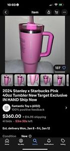 STANLEY x STARBUCKS EXCLUSIVE 2024 WINTER PINK 40oz CUP NEW! - Sold on eBay January 11th, 2024 for $275.00 (38 bids) 