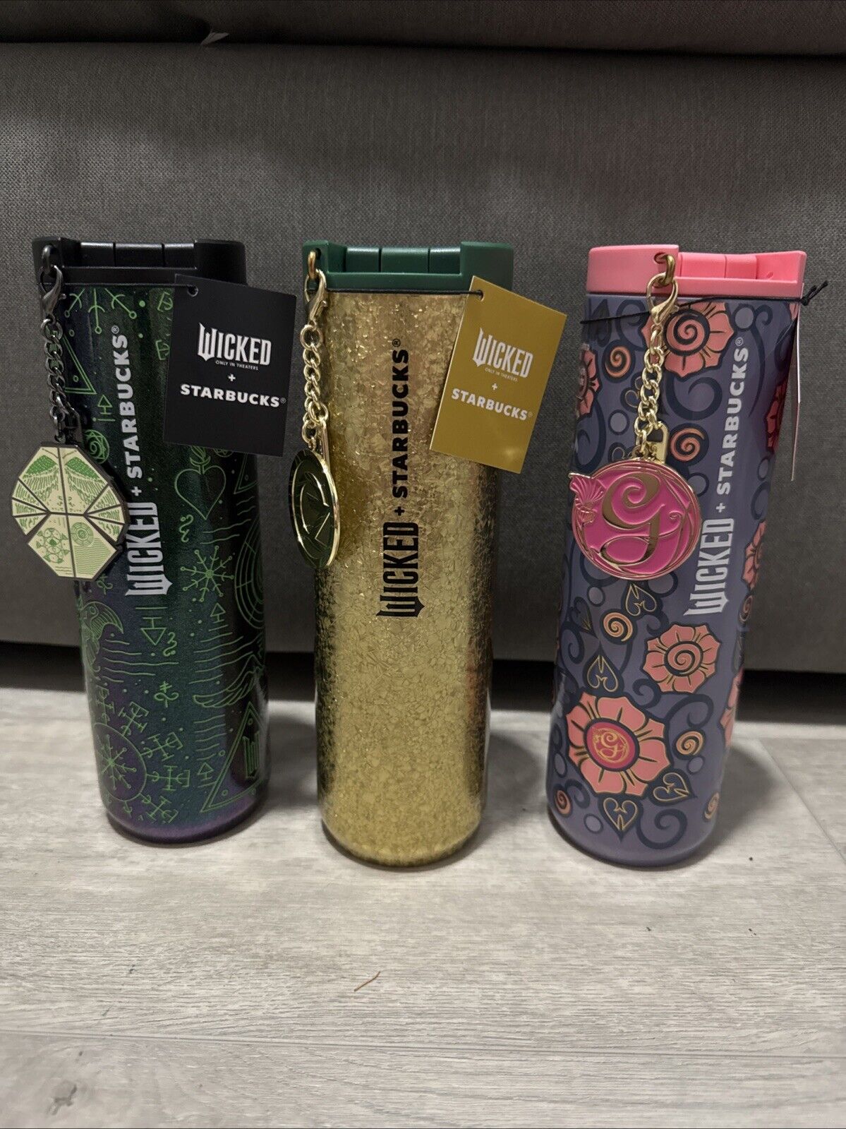 Set 3Pcs Starbucks WICKED Tumbler 16 oz. Stainless Charm Elphaba Crackle Glinda - Sold on eBay January 11th, 2025 for $209.75