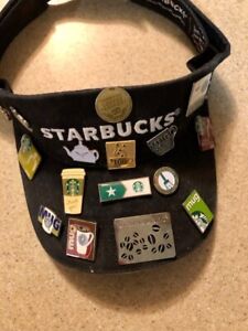 STARBUCKS BARISTA RARE COLLECIBLE  Visor with 17  UNIQUE Green Apron Pins