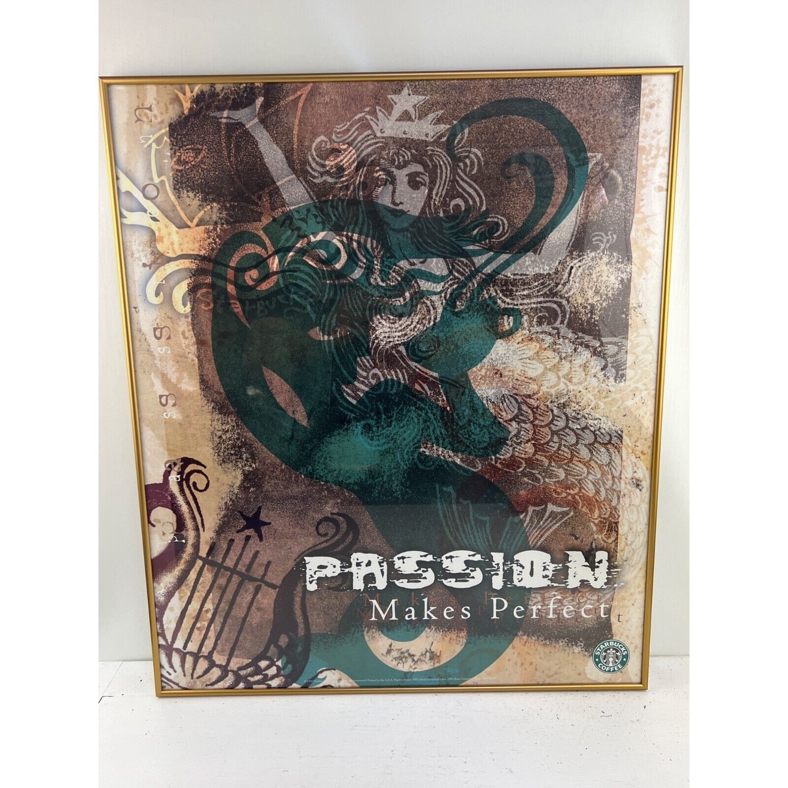 Vintage 1997 "Passion Makes Perfect" W Mermaid Framed Starbucks Poster 26 x 22 - Sold on eBay February 16th, 2025 for $299.99