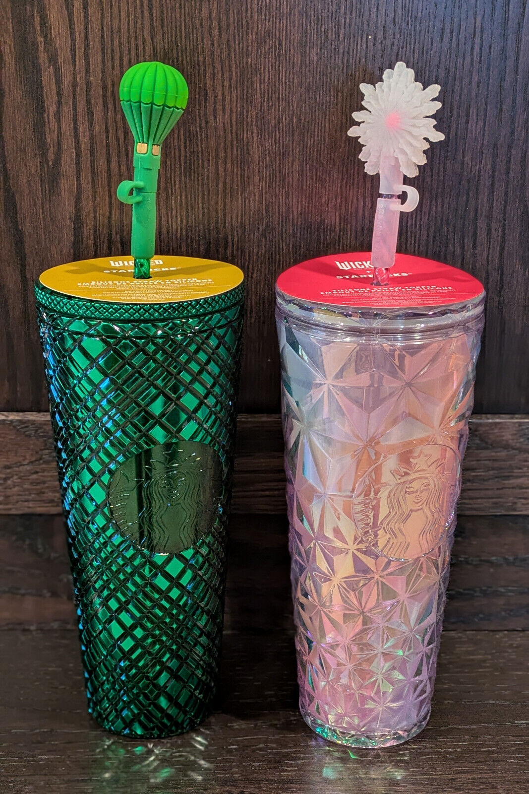 STARBUCKS WICKED 24OZ COLD CUPS: PRISM PINK GLINDA/WAND + EMERALD CITY/BALLOON - Sold on eBay December 7th, 2024 for $149.97