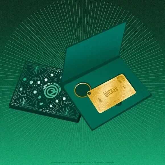 Limited Edition Starbucks WICKED Gold Metal Gift Card New Keychain Loaded $50 GC - Sold on eBay October 31st, 2024 for $149.00