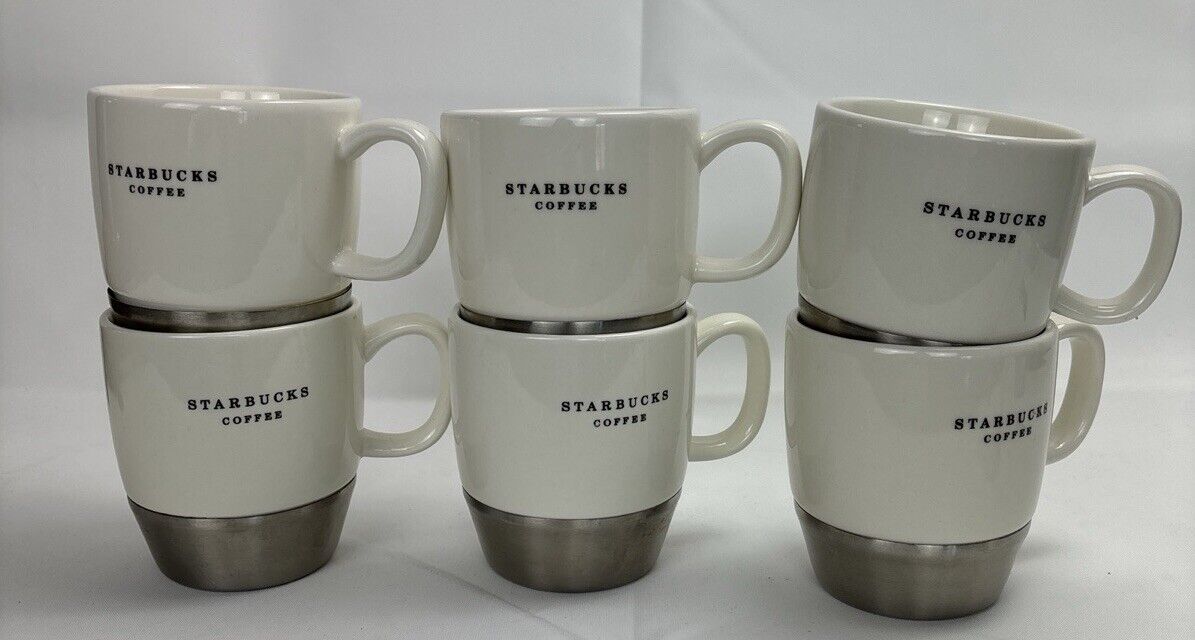 2006 Starbucks Coffee 6 Mugs 10oz w/ Stainless Bottom White Ceramic Metal Tea - Sold on eBay January 23rd, 2025 for $99.00