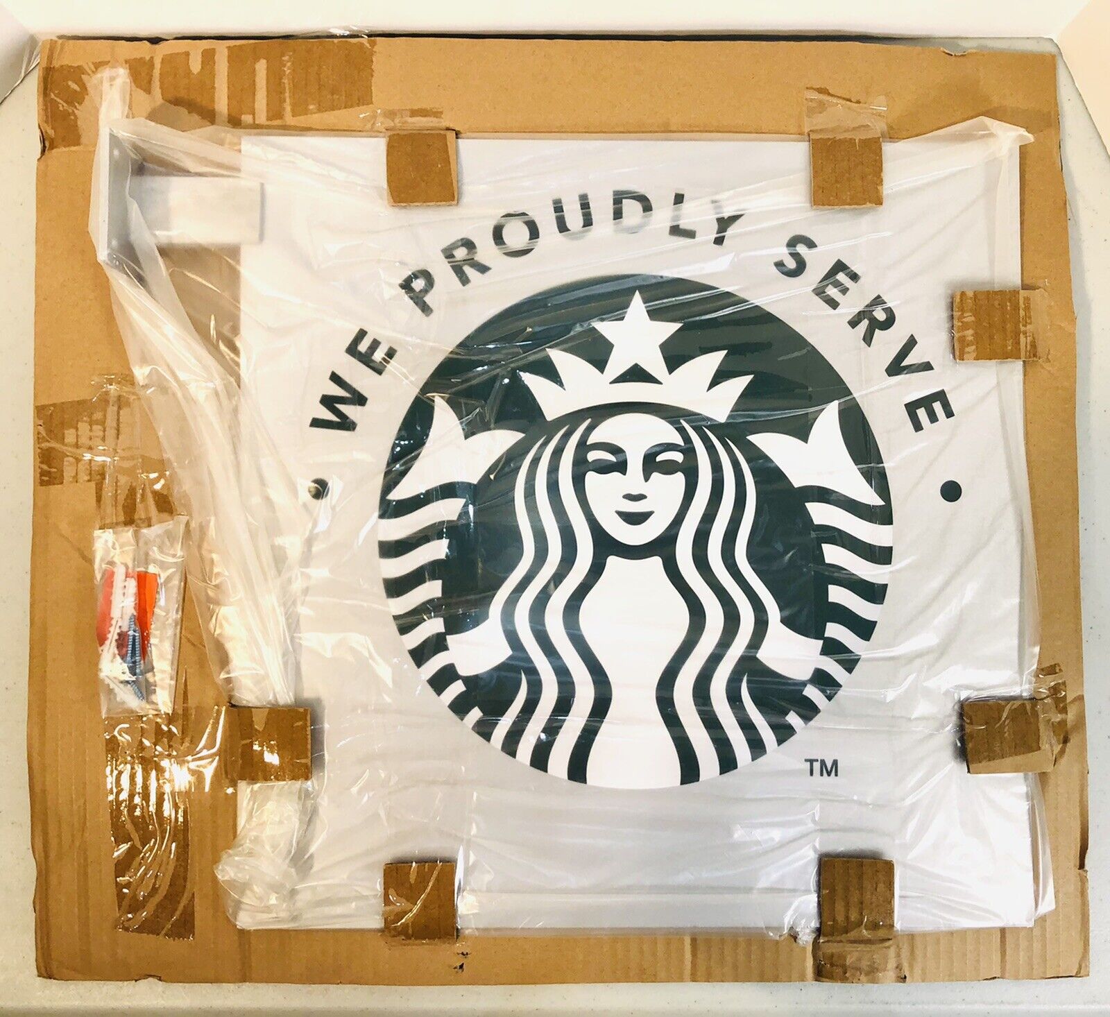 ORIGINAL Starbucks Coffee Advertising 18”X18” WE PROUDLY SERVE Sign Double Sided - Sold on eBay November 4th, 2023 for $112.99