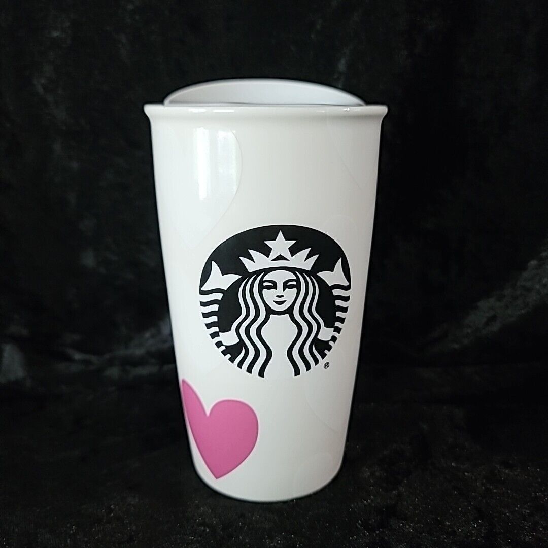 Rare 2015 Pink & White Hearts Starbucks Ceramic Mug Tumbler w Lid ~ 12oz - Sold on eBay March 3rd, 2025 for $65.00