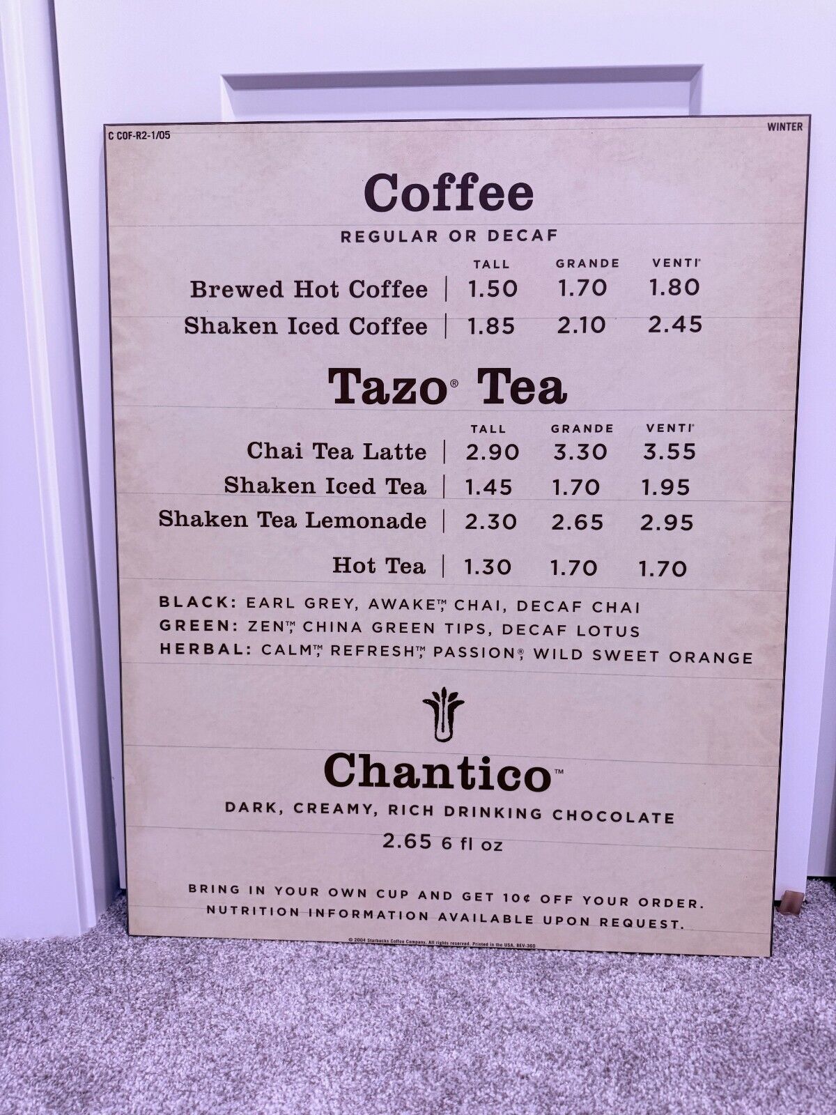 VERY RARE:2 Starbucks Menus poster signs from 2004/2005 Featuring Chantico Drink