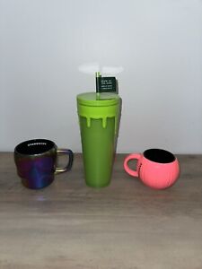 Starbucks Green Slime Glow In Dark Tumbler + Pink Pumpkin & Oil Slick Skull Mug - Sold on eBay September 20th, 2023 for $149.99