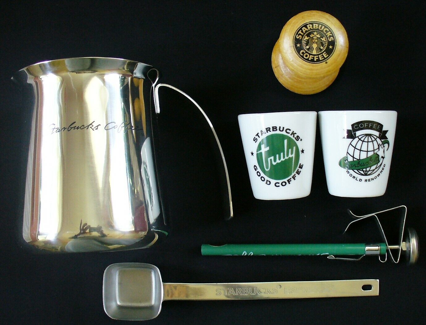NEW 1996 Starbucks ESPRESSO Stainless Pitcher SCOOP Wooden Tamper~2~SHOT GLASS - Sold on eBay February 1st, 2025 for $58.00